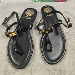 Vince Camuto Womens Black Patent Gold Bow T-Strap Flat Sandals 8.5M